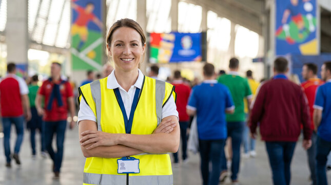 Female event staff portrait, wearing yellow high-visibility vest and blank ID badge, standing with arms crossed, blurred stadium concourse background, portrait photography