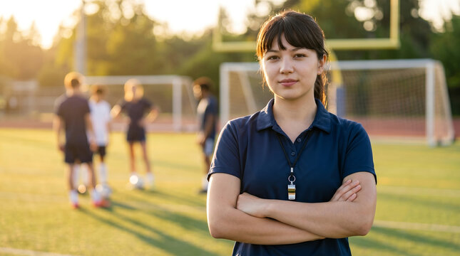 Young female sports coach in blue polo shirt, with whistle necklace and determined expression, standing with arms crossed, soccer field with blurred players background, athletics photography