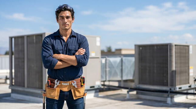 Male HVAC technician contractor, wearing work shirt and leather tool belt, standing with arms crossed, building rooftop with air conditioning units, commercial maintenance photography