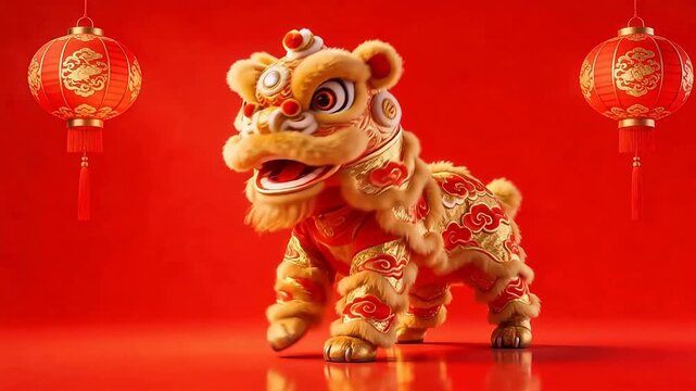 Golden lion dance with red lanterns