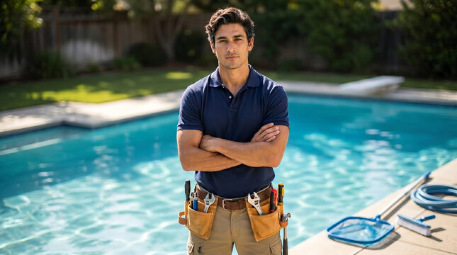 Male swimming pool service technician, wearing polo shirt and leather tool belt, standing with arms crossed, residential backyard pool area, home maintenance photography