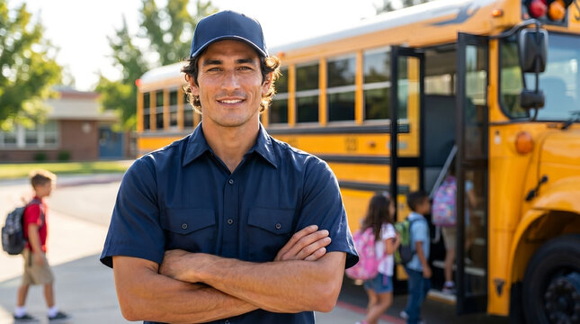 Male school bus driver in blue uniform and cap, with friendly confident smile, standing with arms crossed, yellow vehicle and students in background, occupation photography