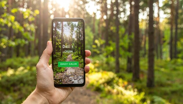 Smartphone in hand displaying nature app in a sunlit forest path.