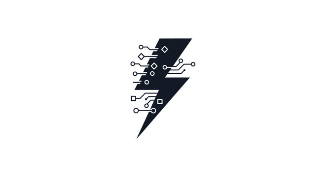 Abstract illustration of a lightning bolt integrated with circuit board elements, on white