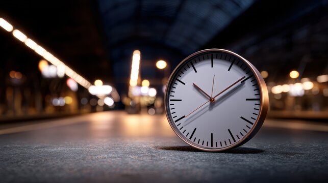 Modern analog clock showing time at 2:10 on a blurred city street background