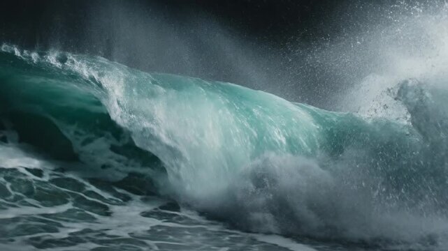 A powerful ocean wave curls and breaks against a dark background, showcasing translucent teal water and white sea spray, representing nature's force and beauty