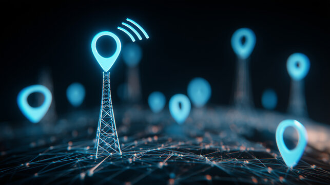 Signal tower with location markers across a digital network, symbolizing wireless coverage and connected infrastructure
