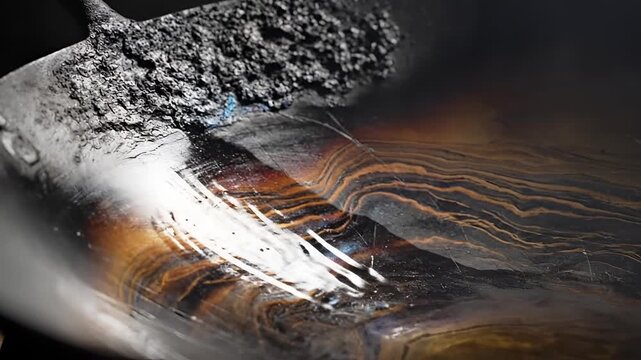 Abstract macro shot of molten metal and slag with dynamic textures.