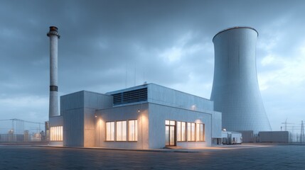 Obraz premium 3D Render of an Isolated Industrial Factory Building with Cooling Tower and Chimney