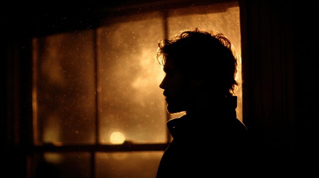 Silhouette of a Man Standing in Front of an Illuminated Window at Sunset