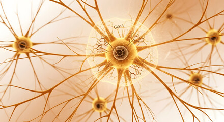 Obraz premium Close-up view of interconnected neurons with glowing cell bodies and intricate dendrites, illustrating neurological processes and GLP-1 interaction.