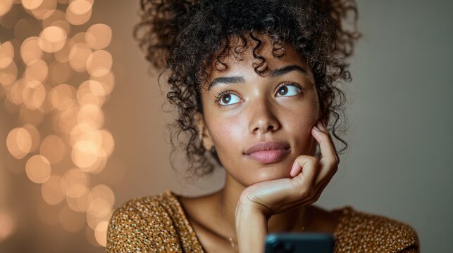 Young woman with curly hair and brown skin holding a phone, thoughtful expression