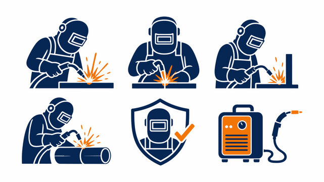 Professional welding service icons featuring industrial metalwork safety equipment and workers in protective gear