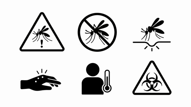 Mosquito prevention and disease warning icons including insect bite signs fever symptoms and biohazard symbols