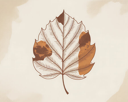 Hand- Drawn Illustration of a Single Autumn Leaf with Brown Spots and Veins on Beige Background fall leaf