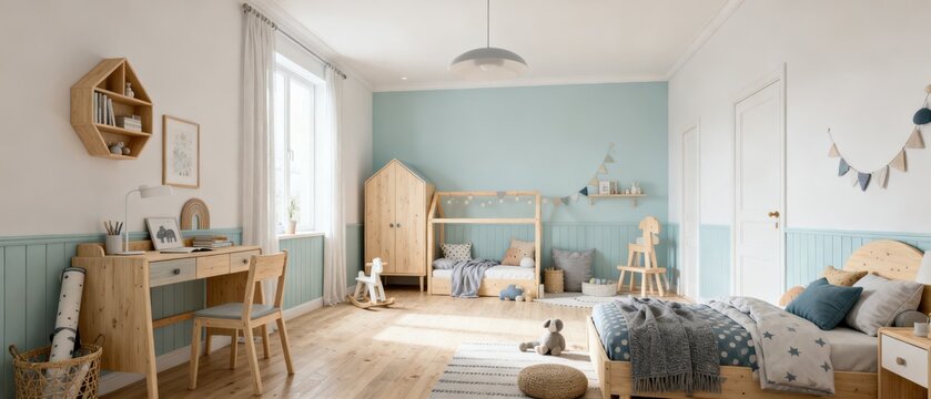 Bright scandinavian kids bedroom with wooden furniture and pastel blue walls