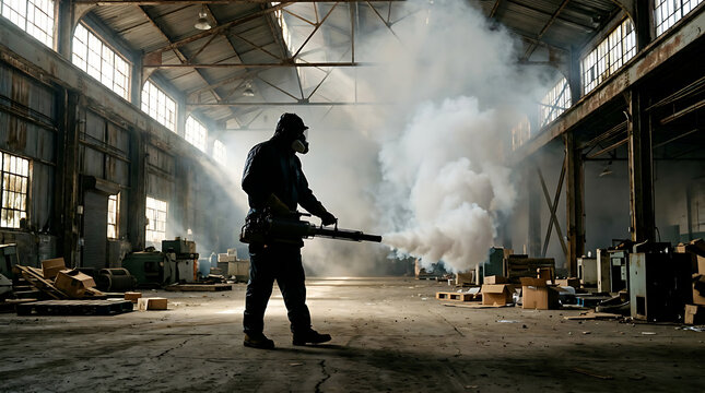 Person using fogging machine in warehouse