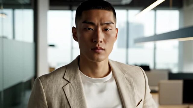 Direct gaze portrait of a young man with clean buzz cut, beige linen blazer, white crew shirt, bright glass office interior, calm confident business fashion mood, modern professional elegance