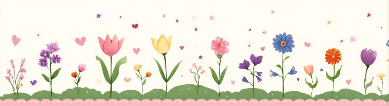 Whimsical Illustrated Garden Border with Colorful Flowers, Hearts, and Stars on Green Hills