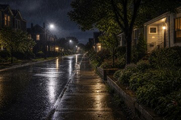 Obraz premium Quiet Residential Street In Heavy Night Rain