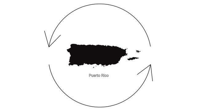 Puerto Rico map outline with circular arrows indicating movement or cycle.
