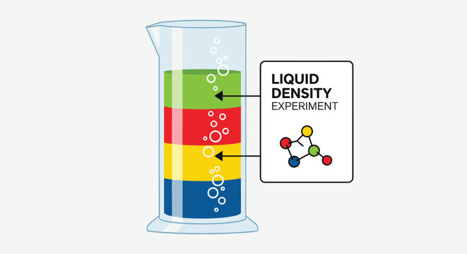 Educational illustration of liquid density experiment showing different colored layers in beaker with molecular diagram.