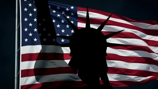 Premium Cinematic 4K Slow Motion of Statue of Liberty Silhouette against Waving American Flag during a Patriotic 4th of July Night