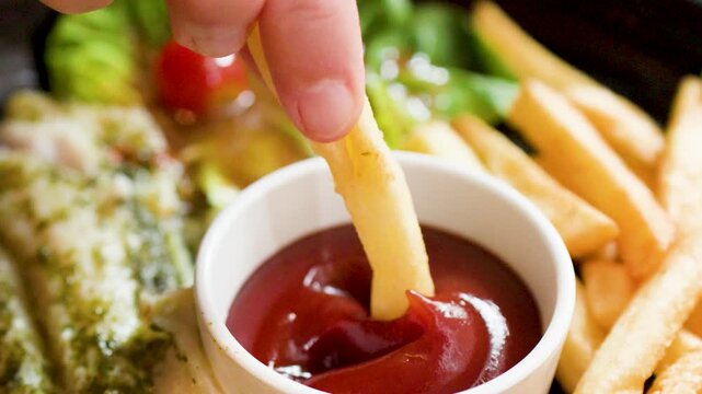 Close Up of French Fry Dipping into Tomato Ketchup Sauce