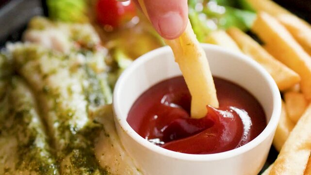 Close Up of French Fry Dipping into Tomato Ketchup Sauce