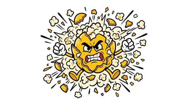 Angry yellow corn kernel mascot exploding into popcorn