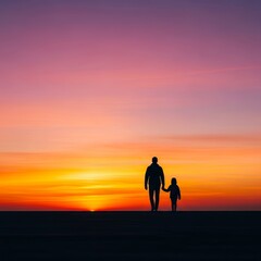 Fototapeta premium Tall and small silhouettes walking side by side toward a glowing horizon at dawn, capturing a symbolic bond and the beauty of a new day, sun, serene, emotion