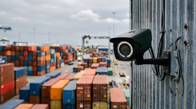 CCTV security camera system installed at a shipping container terminal for industrial port surveillance.