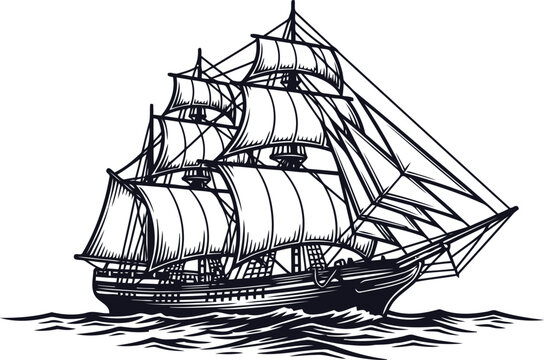 Three-masted sailing ship with full sails navigating choppy waters during daytime in a vintage engraving style