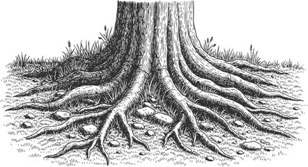 Tree trunk base with exposed roots spreading across rocky ground during daytime © Ishtiaq
