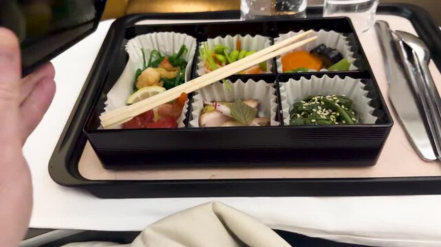 Opening a Luxury Japanese Bento Box Meal in Airplane Business Class