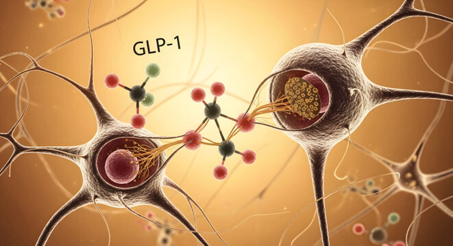 GLP-1 molecules interacting with neuronal cells in a biological context.