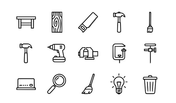 Workshop and Utility Outline Icons Vector Pack with Tools and Equipment Symbols