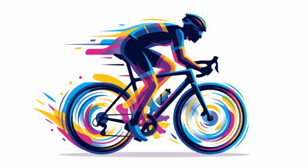 Fototapeta premium Abstract illustration of a professional cyclist racing at high speed with colorful motion effects and vibrant geometric shapes