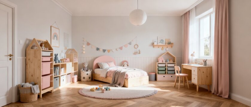 Bright scandinavian kids bedroom with wooden furniture and soft pink accents