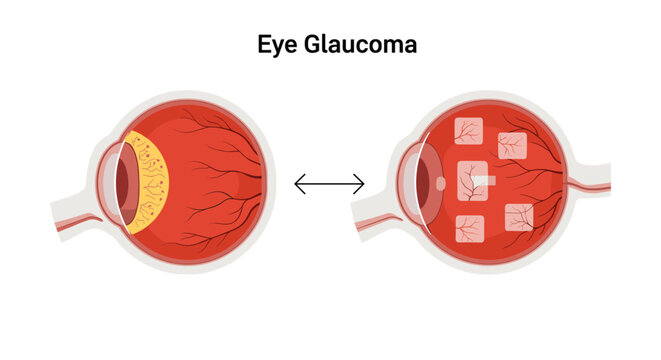 Glaucoma awareness diagram showing two cross sections of a human eye to explain pressure buildup and optical nerve damage.