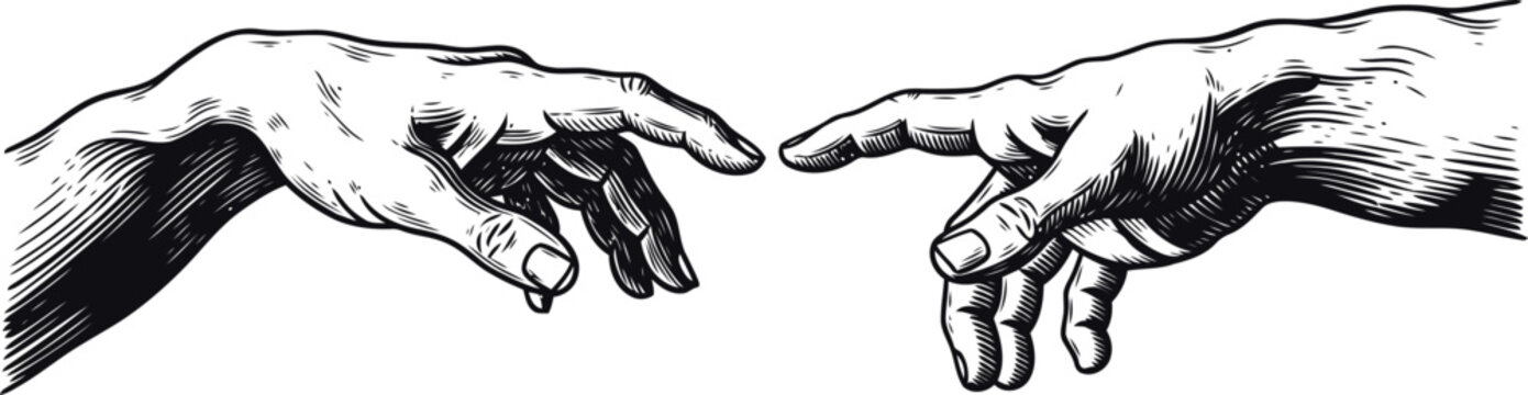 Two hands reaching towards each other in classic illustration style symbolizing creation connection and inspiration