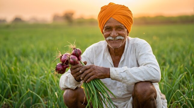 Smiling Indian Farmer Holding Fresh Organic Onions in Green Field