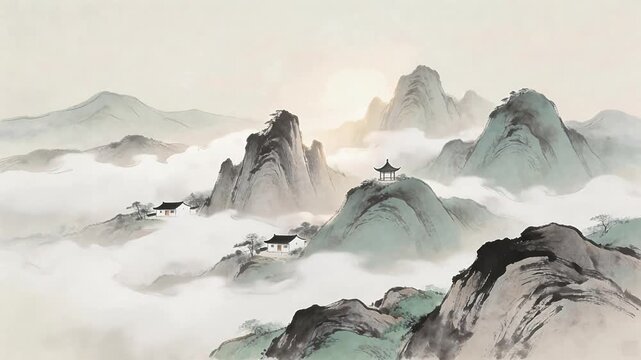 Classical chinese ink painting of green mountains