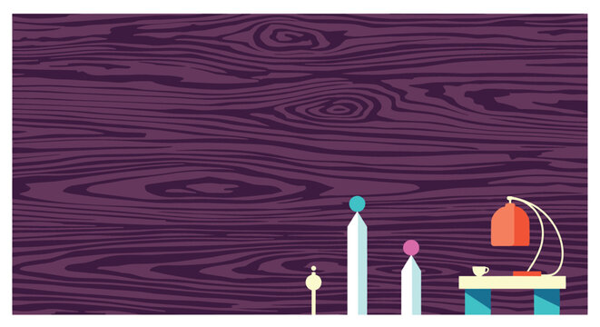 Abstract background featuring dark purple wood grain texture with stylized modern objects and lamp in the bottom corner.