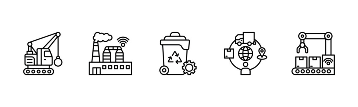 Connected Industrial Intelligence Ecosystem icon line illustration. Heavy Equipment, Industrial IoT, Waste Management, Logistics and Distribution and Smart Manufacturing
