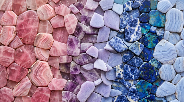 An abstract natural texture of colorful pink and blue gravel stones and granite pebbles forms a vibrant rock wall surface pattern