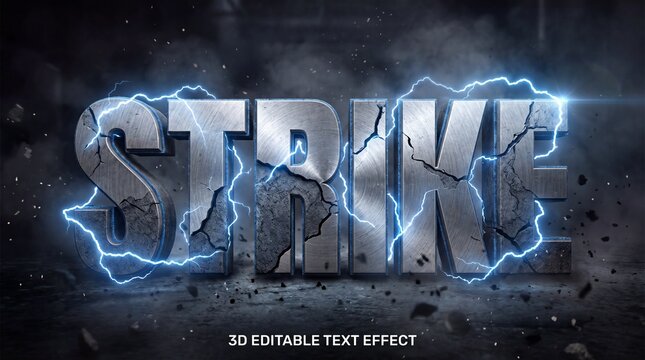 3d metallic text effect with lightning and cracks, cinematic thunder style typography for gaming or action movie poster
