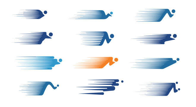 Set of minimalist stylized icons representing fast runners with motion blur lines in blue and orange colors on white background.