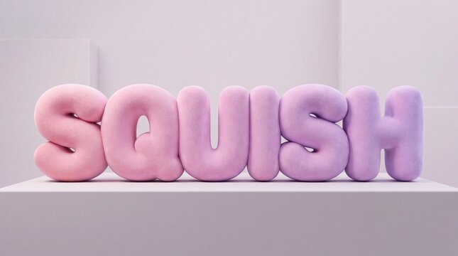 3d rendered word squish with a soft, plush, velvetlike texture in pastel pink and purple colors on a minimalist platform