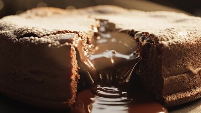 Close up of a warm chocolate lava cake dusted with powdered sugar, rich molten center oozing out, perfect for dessert concepts or food blogs